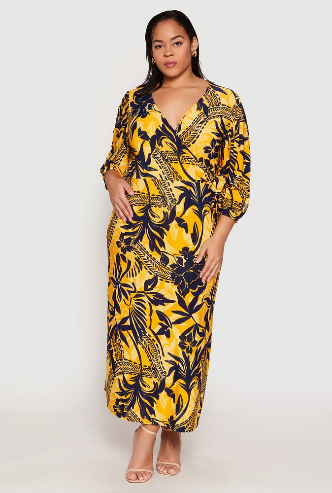 Womens Plus Size Tropical Print Faux Wrap Maxi Dress, Gold, Size 3X