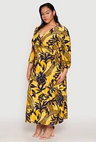 Womens Plus Size Tropical Print Faux Wrap Maxi Dress, Gold, Size 3X