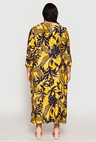 Womens Plus Size Tropical Print Faux Wrap Maxi Dress, Gold, Size 3X