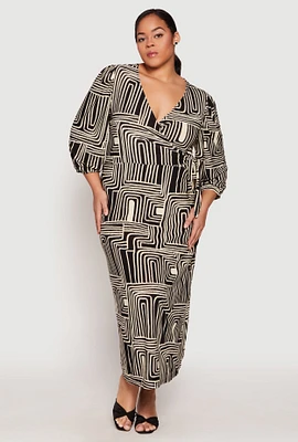 Womens Plus Size Abstract Print Faux Wrap Maxi Dress, Multi, Size 1X