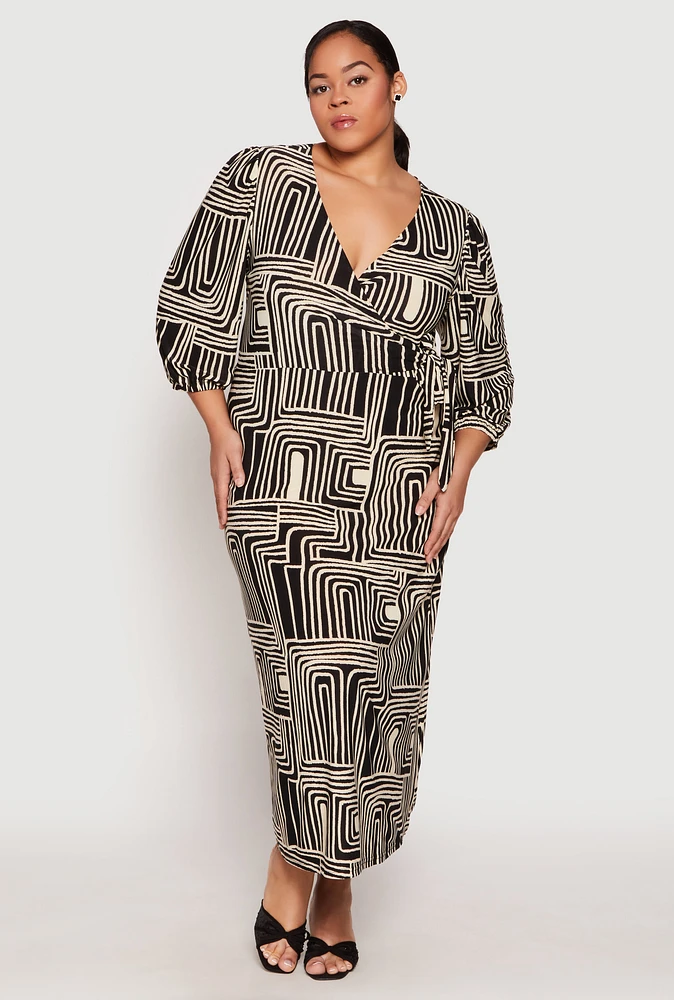 Womens Plus Size Abstract Print Faux Wrap Maxi Dress, Multi, Size 2X
