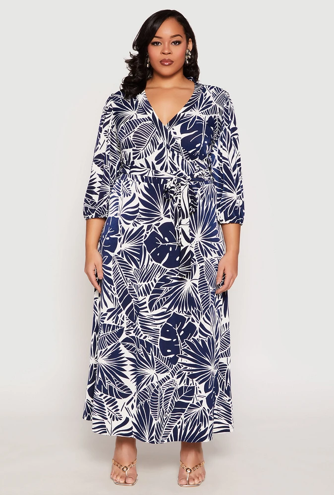 Womens Plus Size Floral Print Faux Wrap Dress, Blue, Size 3X