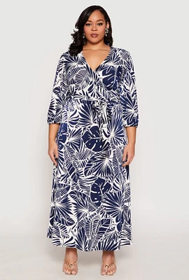 Womens Plus Size Floral Print Faux Wrap Dress, Blue, Size 3X