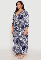 Womens Plus Size Floral Print Faux Wrap Dress, Blue, Size 3X