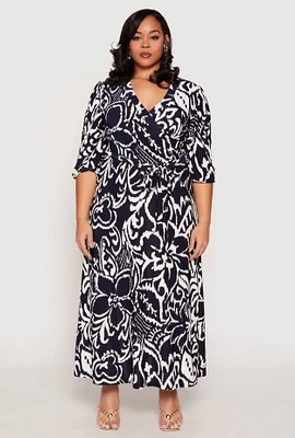 Womens Plus Size Abstract Floral Print Faux Wrap Dress, Multi, Size 1X