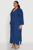 Womens Plus Size Chambray Caftan Dress, Blue, Size 2X