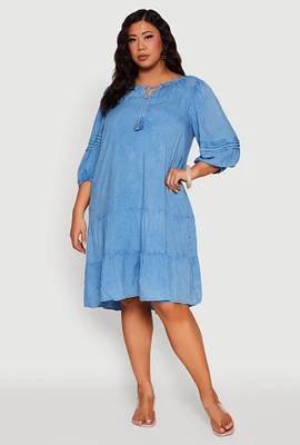 Womens Plus Size Chambray Tiered Dress, Blue, Size 1X