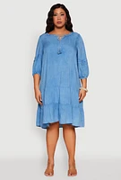 Womens Plus Size Chambray Tiered Dress, Blue, Size 1X