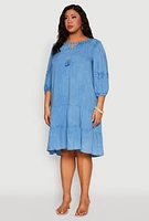 Womens Plus Size Chambray Tiered Dress, Blue, Size 1X