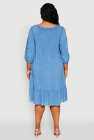Womens Plus Size Chambray Tiered Dress, Blue, Size 1X