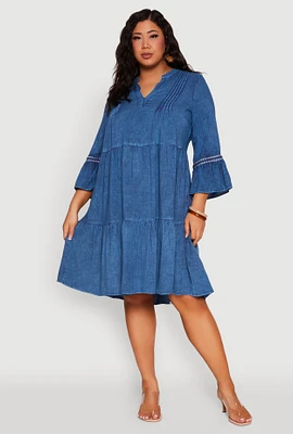Womens Plus Size Chambray Tiered Midi Dress, Blue, Size 3X
