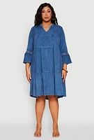 Womens Plus Size Chambray Tiered Midi Dress, Blue, Size 3X