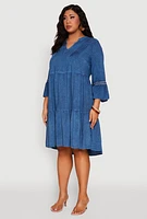 Womens Plus Size Chambray Tiered Midi Dress, Blue, Size 3X