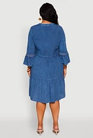 Womens Plus Size Chambray Tiered Midi Dress, Blue, Size 3X