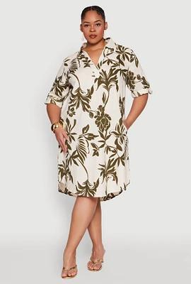 Womens Plus Size Johnny Collar Leaf Print Dress, Multi, Size 3X