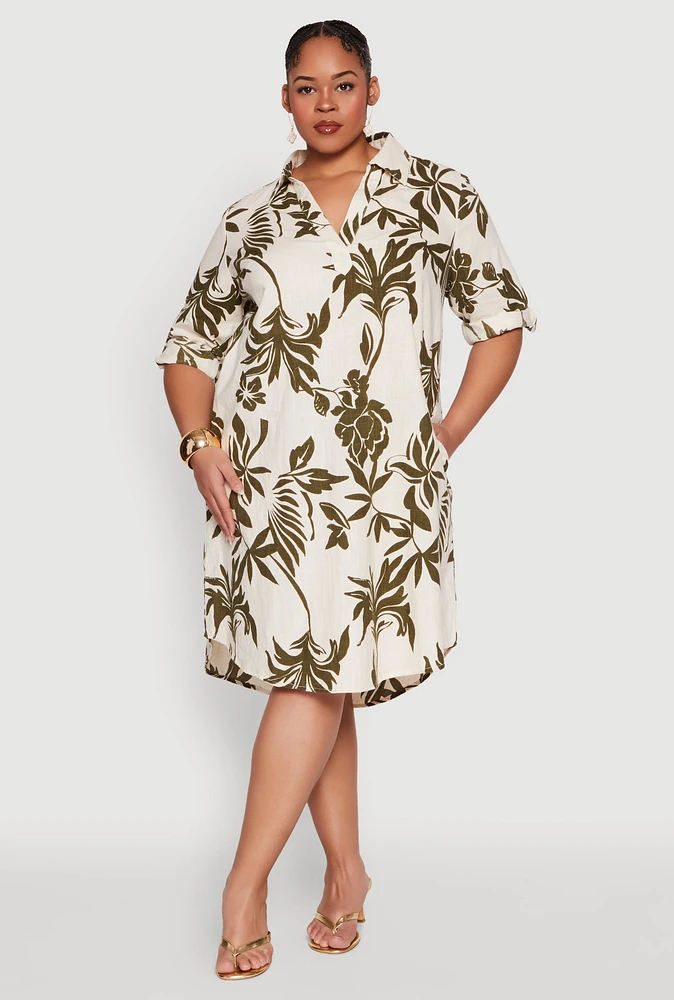 Womens Plus Size Johnny Collar Leaf Print Dress, Multi, Size 1X