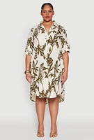 Womens Plus Size Johnny Collar Leaf Print Dress, Multi, Size 1X