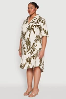 Womens Plus Size Johnny Collar Leaf Print Dress, Multi, Size 1X