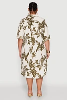 Womens Plus Size Johnny Collar Leaf Print Dress, Multi, Size 1X