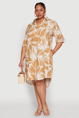 Womens Plus Size Johnny Collar Abstract Leaf Print Dress, Beige, Size 1X