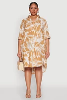 Womens Plus Size Johnny Collar Abstract Leaf Print Dress, Beige, Size 1X
