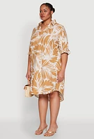 Womens Plus Size Johnny Collar Abstract Leaf Print Dress, Beige, Size 1X