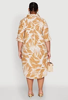 Womens Plus Size Johnny Collar Abstract Leaf Print Dress, Beige, Size 1X