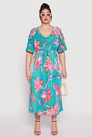 Womens Plus Size Floral Print Flutter Sleeve Midi Dress, Green, Size 3X