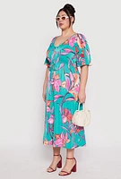 Womens Plus Size Floral Print Flutter Sleeve Midi Dress, Multi, Size 1X