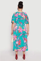 Womens Plus Size Floral Print Flutter Sleeve Midi Dress, Multi, Size 1X