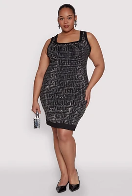 Womens Plus Rhinestone Greek Key Tank Dress,