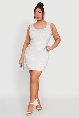 Womens Plus Size Rhinestone Greek Key Tank Dress, White, Size 1X