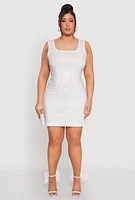 Womens Plus Size Rhinestone Greek Key Tank Dress, White, Size 1X