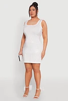 Womens Plus Size Rhinestone Greek Key Tank Dress, White, Size 1X