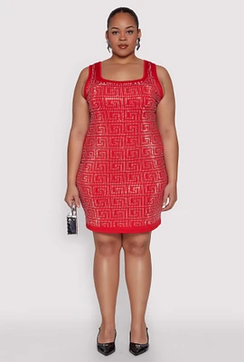 Womens Plus Size Rhinestone Greek Key Tank Dress, Red, Size 1X