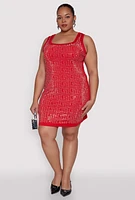 Womens Plus Size Rhinestone Greek Key Tank Dress, Red, Size 1X