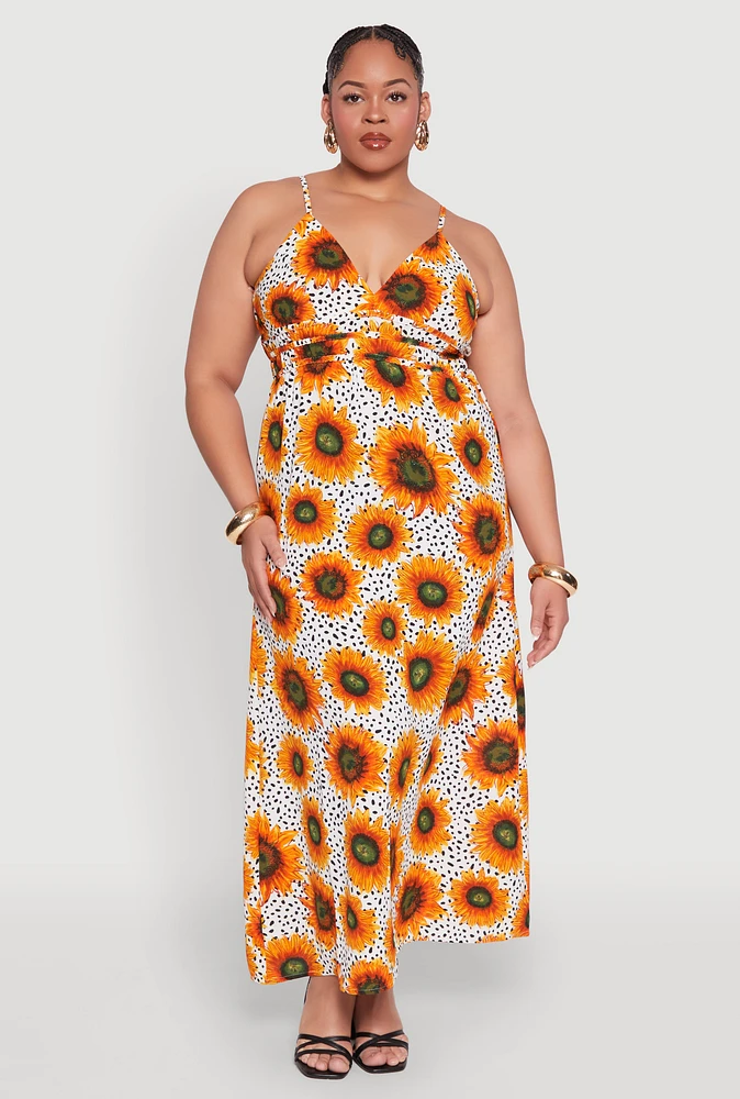 Womens Plus Size Sunflower Print Maxi Dress, Multi, Size 1X