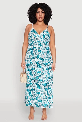 Womens Plus Tropical Print Empire Waist Maxi Dress, Green,