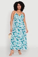 Womens Plus Tropical Print Empire Waist Maxi Dress, Green,