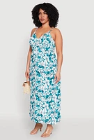 Womens Plus Tropical Print Empire Waist Maxi Dress, Green,