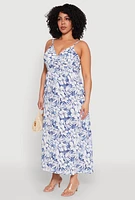 Womens Plus Size Tropical Print Empire Waist Maxi Dress, Blue, Size 2X