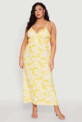 Womens Plus Size Tropical Print Empire Waist Maxi Dress, Yellow, Size 2X