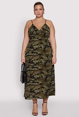 Womens Plus Size Airy Camo Cami Maxi Dress, Green, Size 2X