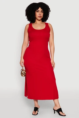 Womens Plus Size Scoop Neck Side Slit Midi Dress, Red, Size 1X