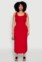 Womens Plus Size Scoop Neck Side Slit Midi Dress, Red, Size 1X