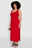 Womens Plus Size Scoop Neck Side Slit Midi Dress, Red, Size 1X