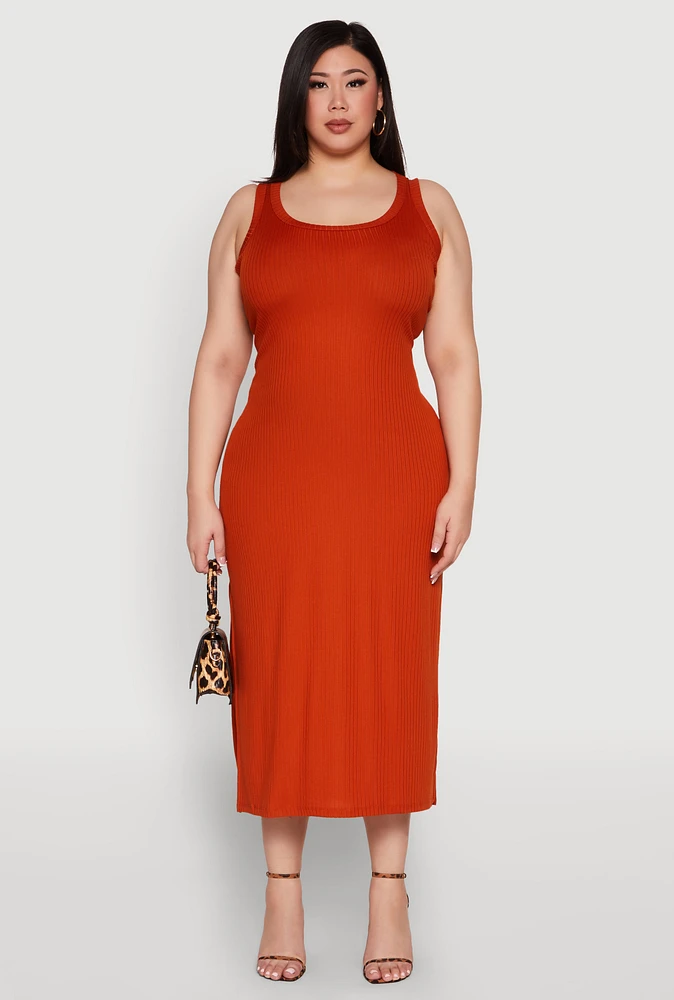 Womens Plus Size Scoop Neck Side Slit Midi Dress, Orange, Size 1X