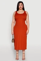 Womens Plus Size Scoop Neck Side Slit Midi Dress, Orange, Size 1X