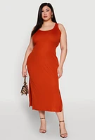 Womens Plus Size Scoop Neck Side Slit Midi Dress, Orange, Size 1X