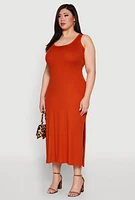 Womens Plus Size Scoop Neck Side Slit Midi Dress, Orange, Size 1X